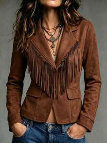LUMIGAL Autumn/Winter Vintage Distressed Lapel Fringe Suede Jacket Slim Fit Flattering Short Top - Camel - View 1