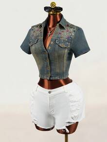 SHEIN Jaket Denim Pendek Slim Fit dengan Hiasan Rhinestone untuk Wanita di Musim Panas - Dark Wash - View 5