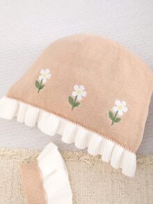 SHEIN LMoss Kids 女嬰新生兒小碎花針織秋季連身衣，拼色設計，蕾絲飾邊，適合滿月、生日及其他場合，連身衣+帽子2件套 - 杏色 - 查看 4