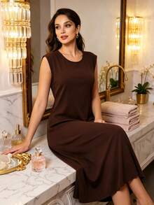 Yasmyna Elegant Commuter Solid Color Sleeveless Long Dress - Coffee Brown - View 2