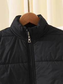 SHEIN 少女休閒時尚梭織布料 3 合 1 絎縫內裡對比色抓絨背心外套，寬鬆版型，舒適，適合秋冬日常通勤、戶外玩耍、出遊、聚會、拍照 - 黑色 - 查看 8