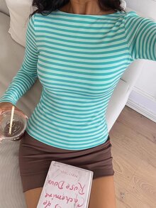 CovetEZ 95%棉女款休閒性感條紋修身長袖T恤，棉混紡面料，秋季風格，日常街頭穿搭，通勤、出遊、約會、派對 - 彩色 - 查看 6