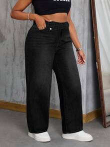 SHEIN CURVE+ Cowgirl Outfit Plus Size Women's Black Non-Stretch Slim Straight Leg Jeans - Black - View 4