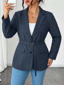 Elenzga Plus Size Women's Solid Color Blazer With Lapel, 2-Button Closure, Adjustable Waist Belt, Mid-Length Cinched Waist, H-Line Slightly Loose Fit, Suitable For Autumn/Winter Office Commute And Business Travel - Grey - View 4