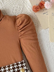 Young Girls Young Girl Coffee Color Knitted Base Layer T-Shirt + Shorts Skirt 2pcs Set, Comfortable Soft Casual Daily Versatile - Coffee Brown - View 6