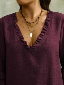 Linhara CURVE Women's Plus Size V-Neck Mid-Length Ruffle Sleeve Loose Fit Faux Linen Comfortable Fabric Blouse Suitable For Outings, Vacation, Daily Casual, Commuting And Work - Red Violet - View 6