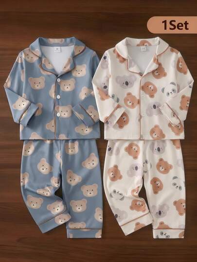 Baby Boy Cute Casual Daily Minimalist Comfortable Light Apricot Cartoon Animal Print Button-Up Long Sleeve Top And Pants 2 Pieces Loungewear Set