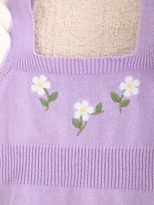SHEIN LMoss Kids 女嬰新生兒碎花針織秋季連身衣，拼色設計，蕾絲飾邊，適合滿月、生日及其他場合，連身衣+帽子 2件套 - 淡紫色 - 查看 5