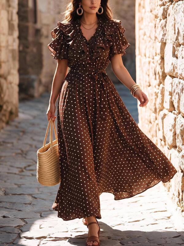 Velvienne Plus Size Women's New Elegant Polka Dot Print V-Neck Ruffle Waist Belt Cinched Long Dress, Suitable For Daily Commute, Street Style, Party, Date, Afternoon Tea, Brown Polka Dot Dress