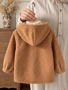 SHEIN 女童冬季淺棕色連帽抓絨外套，舒適面料，簡約百搭，適合室內外活動 - 棕色 - 查看 2
