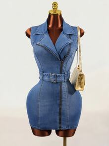 Mistrie Women's Fashion Asymmetric Zipper Denim Dress - Blue - View 1
