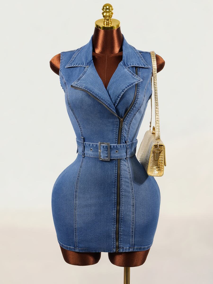 Mistrie Women's Fashion Asymmetric Zipper Denim Dress - Blue - View 1