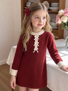 Girls' New Round Neck Slouchy Fashion Sweet Bow Sweater Dress, Chic And Stylish, Suitable For Outings, Gatherings And Back To School - Burgundy - View 8