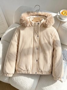 SHEIN 少女休閒時尚梭織羅紋布料連帽外套，附抓絨內裡與毛領，寬鬆版型，舒適適合秋冬日常通勤、戶外玩耍、出遊、聚會與拍照 - 米色 - 查看 3