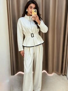 Modelyn Women's Casual Stand Collar Patchwork Black Webbing Trim Relaxed Urban Style Cinched Waist Zipper Two Pieces Set - White - View 4