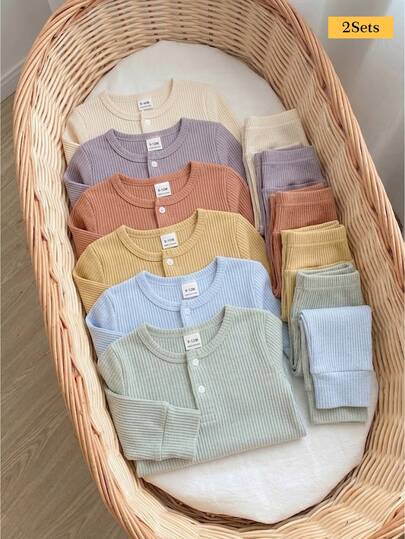 2 conjuntos de ropa de estar en casa para bebé niño, de punto, cómodos, suaves, lindos y minimalistas, en verde cepillado y azul claro, manga larga y pantalón largo, uso sencillo para todas las estaciones, mejor regalo para bebé niño, opción preferida