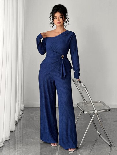 Elenzga Plus Size Women Elegant Urban Style New Spring/Autumn Navy Blue Asymmetric Shoulder Metal Buckle Long Sleeve Slim Fit Top, Wide Leg Pants 2 Pieces Set, Suitable For Daily Wear, Wedding Occasions, Celebration Events, Commuting, Graduation Party, Holiday Celebrations, Dating, Party, Christmas, New Year, Thanksgiving, Wedding