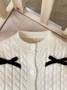 SHEIN Baby Girl Bow Decor Button Knit Romper - Apricot - View 3