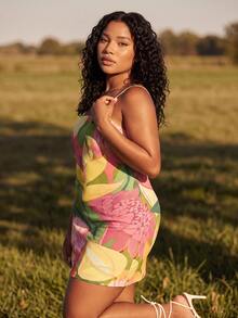 CAJUNI Plus Size Women's Floral Print Casual Spaghetti Strap Vacation Dress - Multicolor - View 6