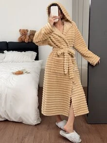 Napfluff Jubah Wanita Lengan Panjang Berkerudung dengan Bulu Kelinci Imitasi Bergelombang, Saku Ikat Pinggang, Jubah Mandi Rumah Musim Dingin Mewah dan Lembut, Pakaian Tidur Lembut untuk Musim Gugur/Dingin - Unta - View 4