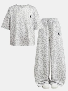 SHEIN 青少年女孩豹紋圓領短袖T恤與寬腿褲休閒套裝 - 灰色 - 查看 3