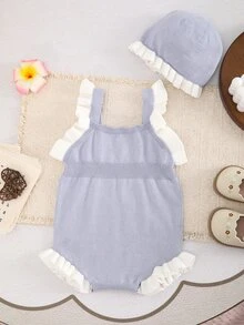 SHEIN LMoss Kids 女嬰新生兒碎花針織秋季連身衣，拼色設計，蕾絲飾邊，適合滿月、生日及其他場合，連身衣 + 帽子 2件套 - 霧霾藍 - 查看 2