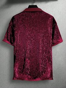 Calvornis 男士純色亮片短袖單排扣襯衫 - 紅色 - 查看 2
