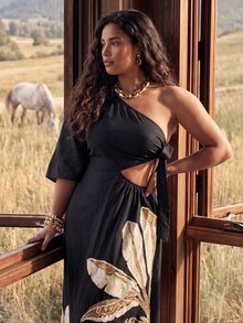 CAJUNI Chic Vacation Golden Palm Tree Embroidery Dress - Black - View 4