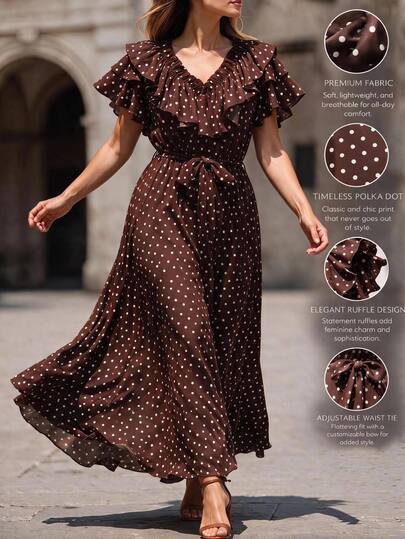 Velvienne Plus Size Women's New Elegant Polka Dot Print V-Neck Ruffle Waist Belt Cinched Long Dress, Suitable For Daily Commute, Street Style, Party, Date, Afternoon Tea, Brown Polka Dot Dress