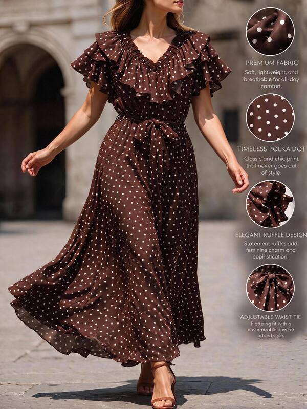 Velvienne Plus Size Women's New Elegant Polka Dot Print V-Neck Ruffle Waist Belt Cinched Long Dress, Suitable For Daily Commute, Street Style, Party, Date, Afternoon Tea, Brown Polka Dot Dress
