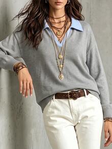 LUMIGAL A New Casual And Versatile Long-Sleeved Sweatshirt With A Light Blue Contrasting Color And A Collar Brunch Autumn Everyday Travel - Multicolor - View 4