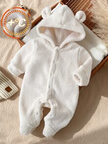 SHEIN 新生兒秋冬棕色羊羔絨連帽連腳連身衣 0-12個月嬰兒 前開扣易穿脫 戶外爬行裝 - 杏色 - 查看 2