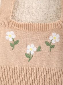SHEIN LMoss Kids 女嬰新生兒小碎花針織秋季連身衣，拼色設計，蕾絲飾邊，適合滿月、生日及其他場合，連身衣+帽子2件套 - 杏色 - 查看 5
