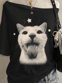 Lalippa Cat Pattern Multi-Color Print Fashionable Minimalist Women's Crew Neck T-Shirt, Gift For Friends - Black - View 3