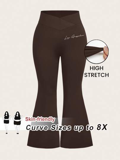 SHEIN CURVE+ Plus Size Minimalist English Letter Print High Waist Criss-Cross Design Flared Long Slim Fit Women's Leggings, Suitable For Party And Spring/Autumn Wear