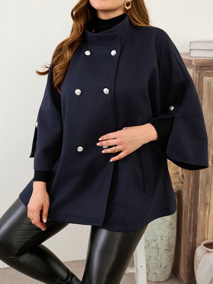 SHEIN LUNE CURVE Women's Plus Size High Neck Raglan Sleeve Cape Elegant Commute Loose Overcoat, Double-Breasted, Suitable For Autumn/Winter Wear - Navy Blue - View 1