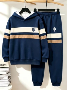 青少年男孩休閒舒適時尚極簡條紋拼接連帽衛衣套裝，適合戶外穿著與運動，秋冬款 - 彩色 - 查看 3