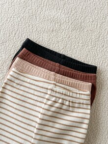 SHEIN 4件組女嬰基礎款多色緊身褲，黑色、棕色、卡其色、條紋圖案，適合學校、日常穿著、外出及各種場合 - 彩色 - 查看 6
