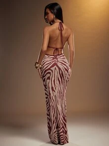 Hauture Women's Sexy Abstract Animal Halter Neck Cut Out Tie Back Fitted Maxi Sweater Knitted Dress - Multicolor - View 2