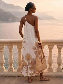CAJUNI Chic Vacation Golden Tropical Illustration One Shoulder Maxi Dress - Multicolor - View 2