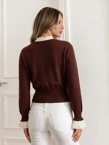 KARISMINA Brown Fake Two Piece Ruffle Trim Button Cardigan For Gathering Shopping Preppy Style,Fall Winter Sweater,Halloween,Country,Daily Commute,New Year - Brown - View 3