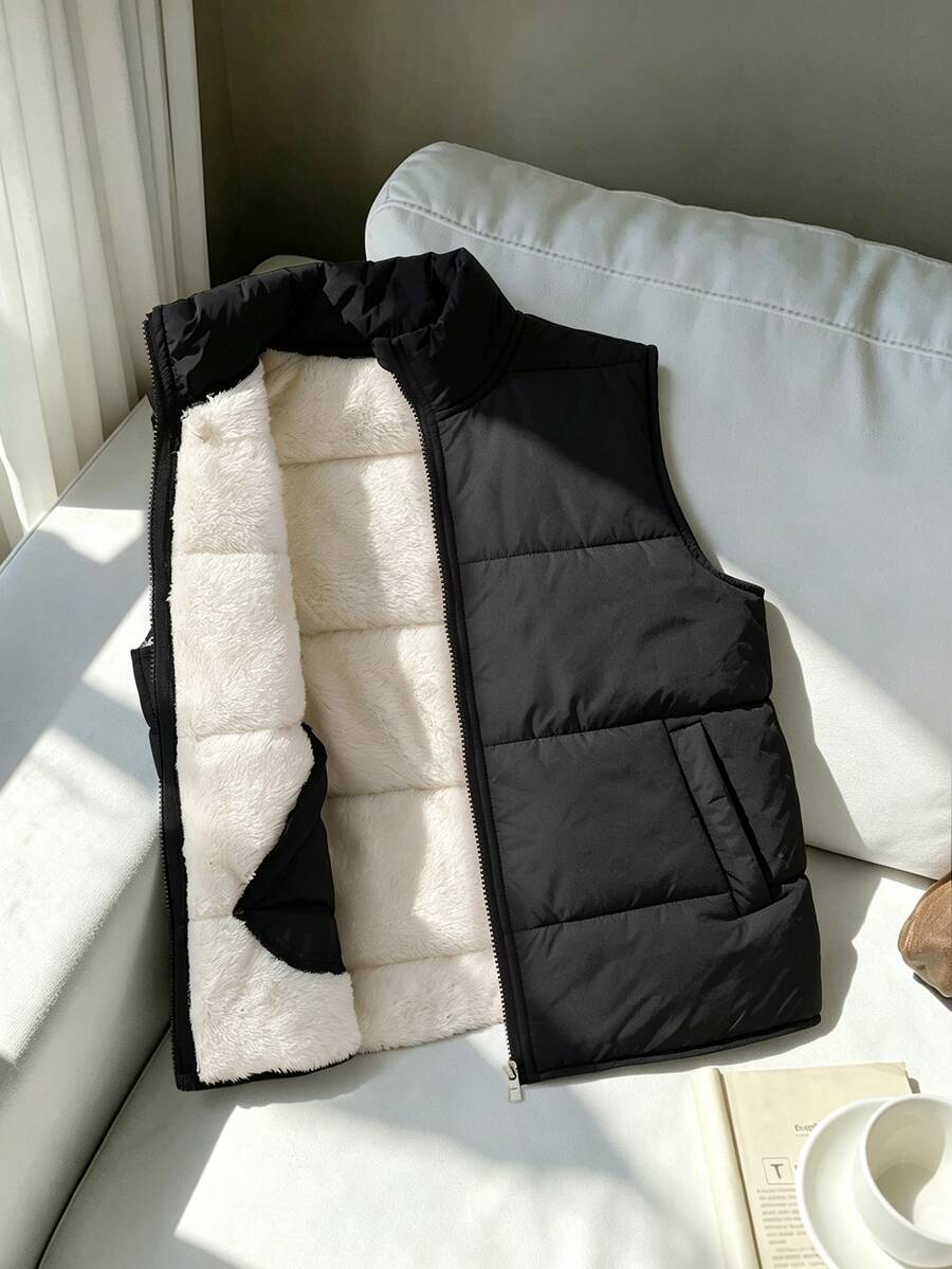 SHEIN 少女休閒時尚梭織布料 3 合 1 絎縫內裡對比色抓絨背心外套,寬鬆版型,舒適,適合秋冬日常通勤、戶外玩耍、出遊、聚會、拍照 - 黑色 - 查看 1