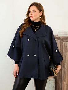 SHEIN LUNE CURVE Women's Plus Size High Neck Raglan Sleeve Cape Elegant Commute Loose Overcoat, Double-Breasted, Suitable For Autumn/Winter Wear - Navy Blue - View 5