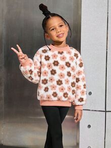 女童可愛愛心毛絨套頭運動衫 休閒日常時尚百搭 - 白色 - 查看 1