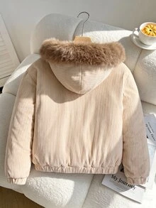 SHEIN 少女休閒時尚梭織羅紋布料連帽外套，附抓絨內裡與毛領，寬鬆版型，舒適適合秋冬日常通勤、戶外玩耍、出遊、聚會與拍照 - 米色 - 查看 2