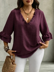 Linhara CURVE Women's Plus Size V-Neck Mid-Length Ruffle Sleeve Loose Fit Faux Linen Comfortable Fabric Blouse Suitable For Outings, Vacation, Daily Casual, Commuting And Work - Red Violet - View 3