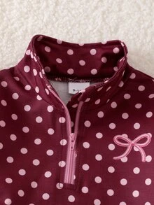 SHEIN 2件組幼女運動休閒套裝，酒紅色波點蝴蝶結條紋半拉鍊長袖立領衛衣＋寬腿長褲，可愛風格，適合上學、秋季假期，Katseye Sport - 彩色 - 查看 4