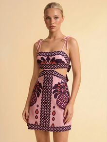 CAJUNI Tropical Vacation Mauve Palm Tree And Pineapple Mini Dress - Pink - View 2