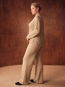 MOTF PREMIUM PLUS SIZE WOMEN'S WOOL TURTLENECK DROP SHOULDER SWEATER AND KNIT PANTS SET - Apricot - View 3