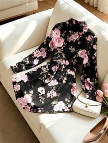 GlowEve CURVE Plus Size Women's Long Sleeve Ditsy Floral Tie Front Blouse - Pink - View 2
